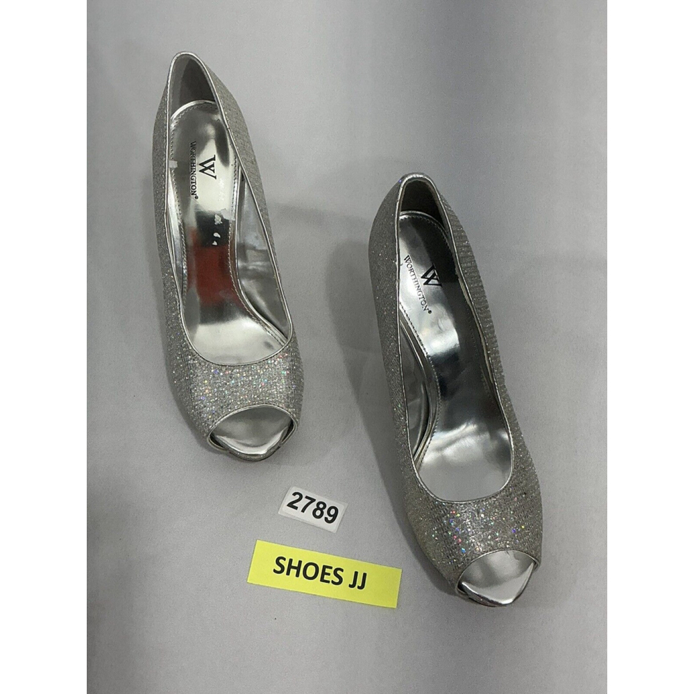 Womans Worthington 9.5 M Silver Sparkly Peep Toe Slip On Stiletto Pumps